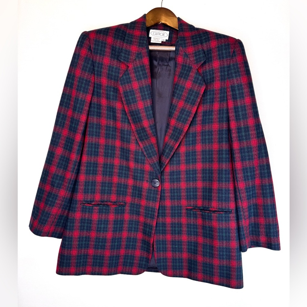 VTG Gilmor womens sz 14 blazer red blue green tartan plaid one-button‎ Academia